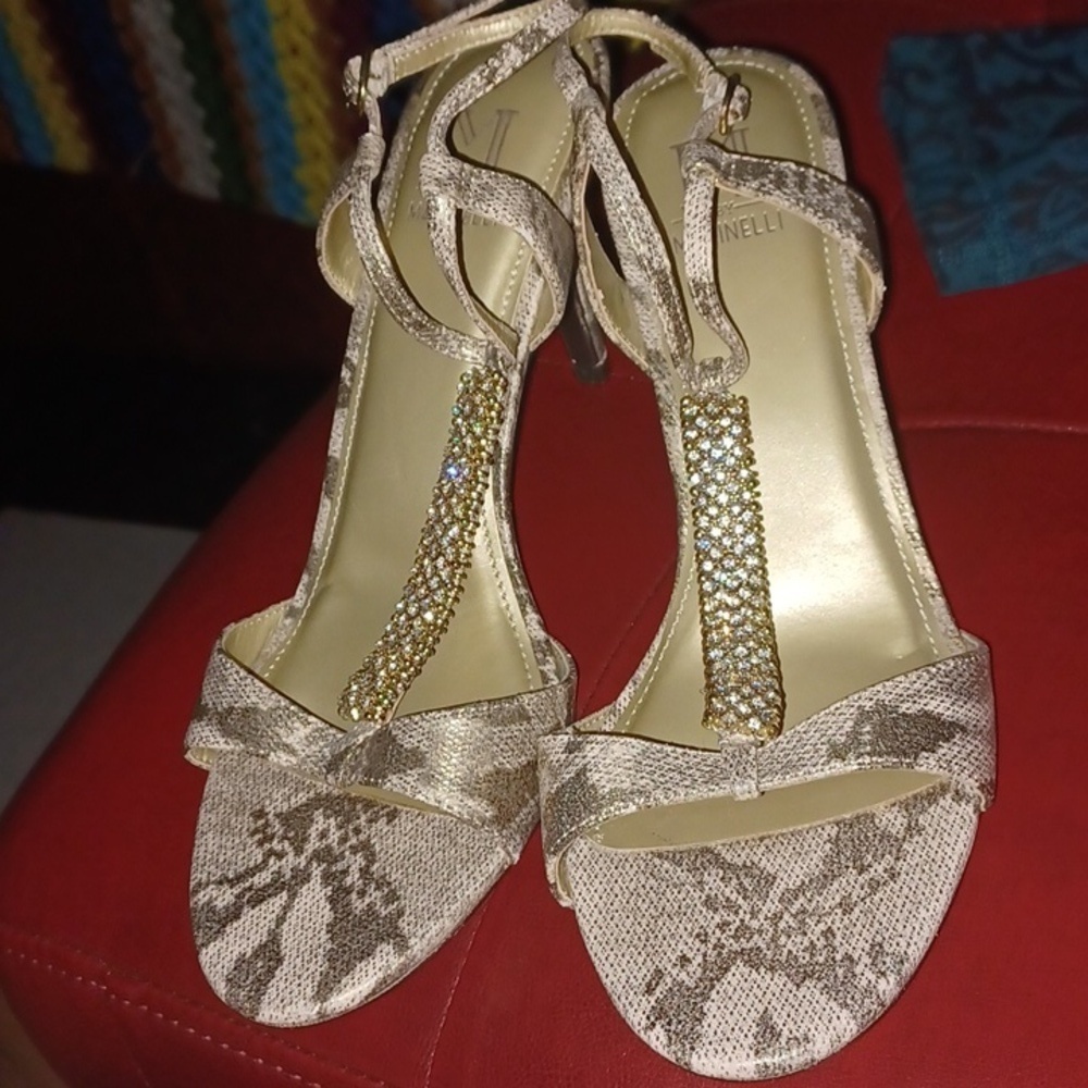 Marinelli Beautiful Gold/Silver T Strap Crocodile Rhinestone Heels, sz 9